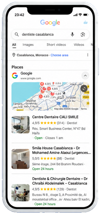 Les premiers résultats locaux Google pour dentiste Casablanca.