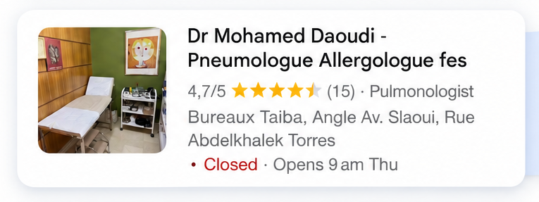 Profil Google Dr Mohamed Daoudi — Pneumologue Allergologue Fès, noté 4,7 sur 5.