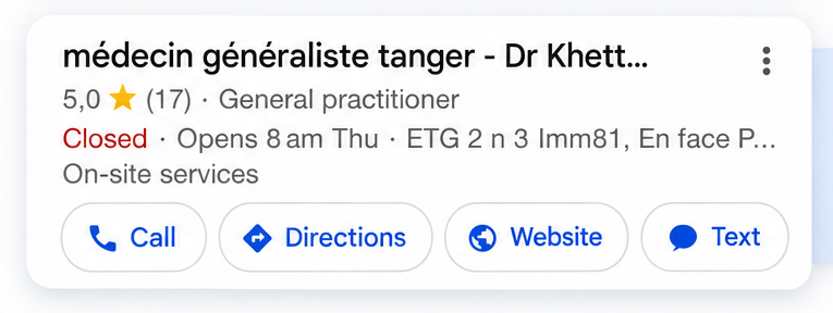 Profil Google médecin généraliste Tanger — Dr Khett, noté 5,0 sur 5.